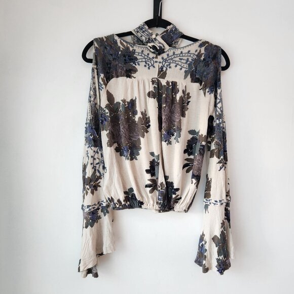 Free People Floral Halter Boho Blouse Top Shirt Peasant Linen Blend Women's M - Picture 2 of 9